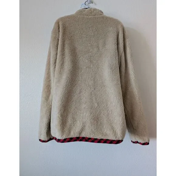 Cozy Sherpa Fleece Pullover Plaid Trim Quarter-Button Collar w/ Pockets - Picture 7 of 10